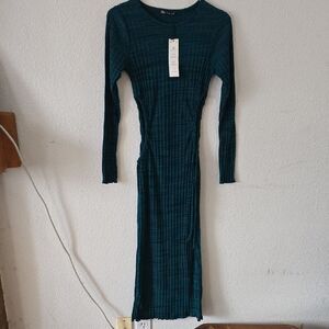 Zara Teal Cut Out Long Sleeve Dress